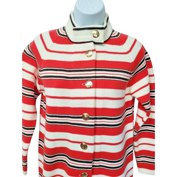 Hand Full Fashioned Sweaters - Vintage Full Fashioned Hand Loomed Womens Sweater S/M Coral White Black Stripe